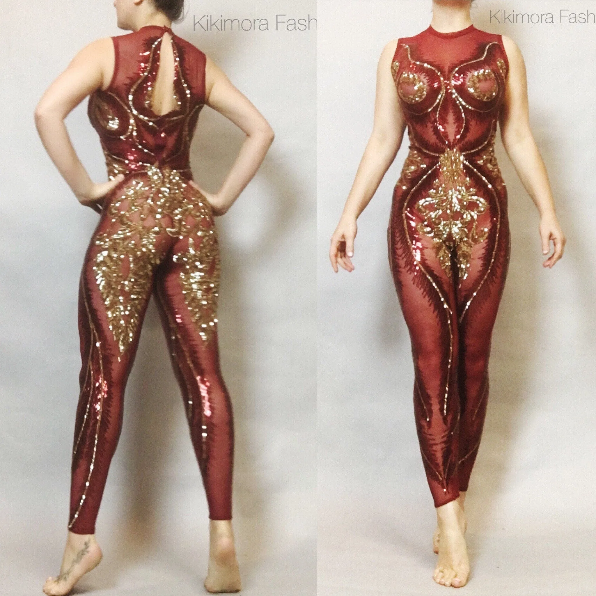 Blue And Gold Sequin Catsuit, Sleeveless, Mock Turtleneck