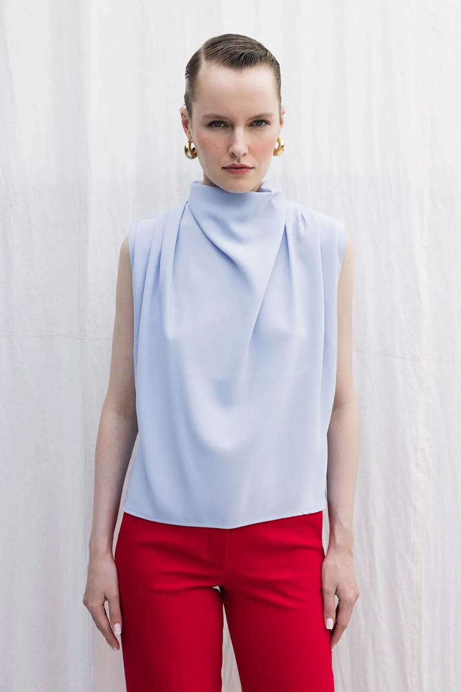 Blue Sheer Cowl Neck Blouse