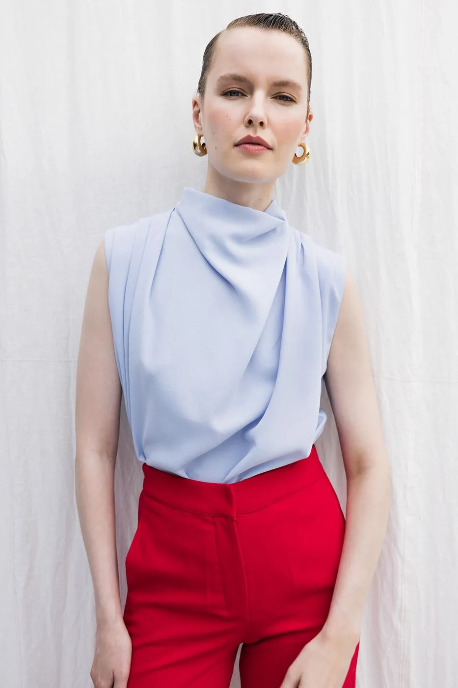 Blue Sheer Cowl Neck Blouse