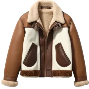 Brown and White Aviator Jacket – Stylish Shearling Leather Outerwear | El Zoro