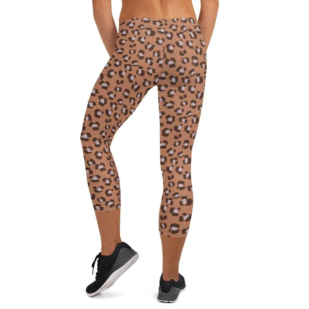 Brown Animal Print Women's Capri Leggings