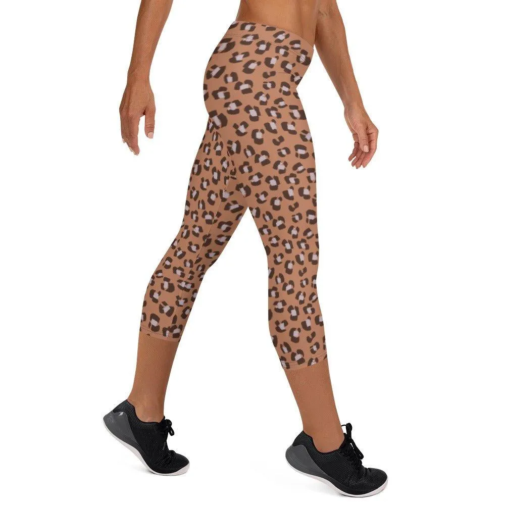 Brown Animal Print Women's Capri Leggings