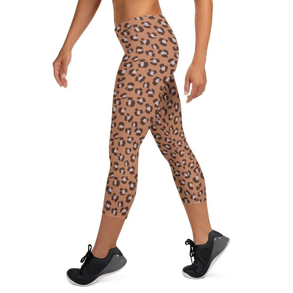 Brown Animal Print Women's Capri Leggings