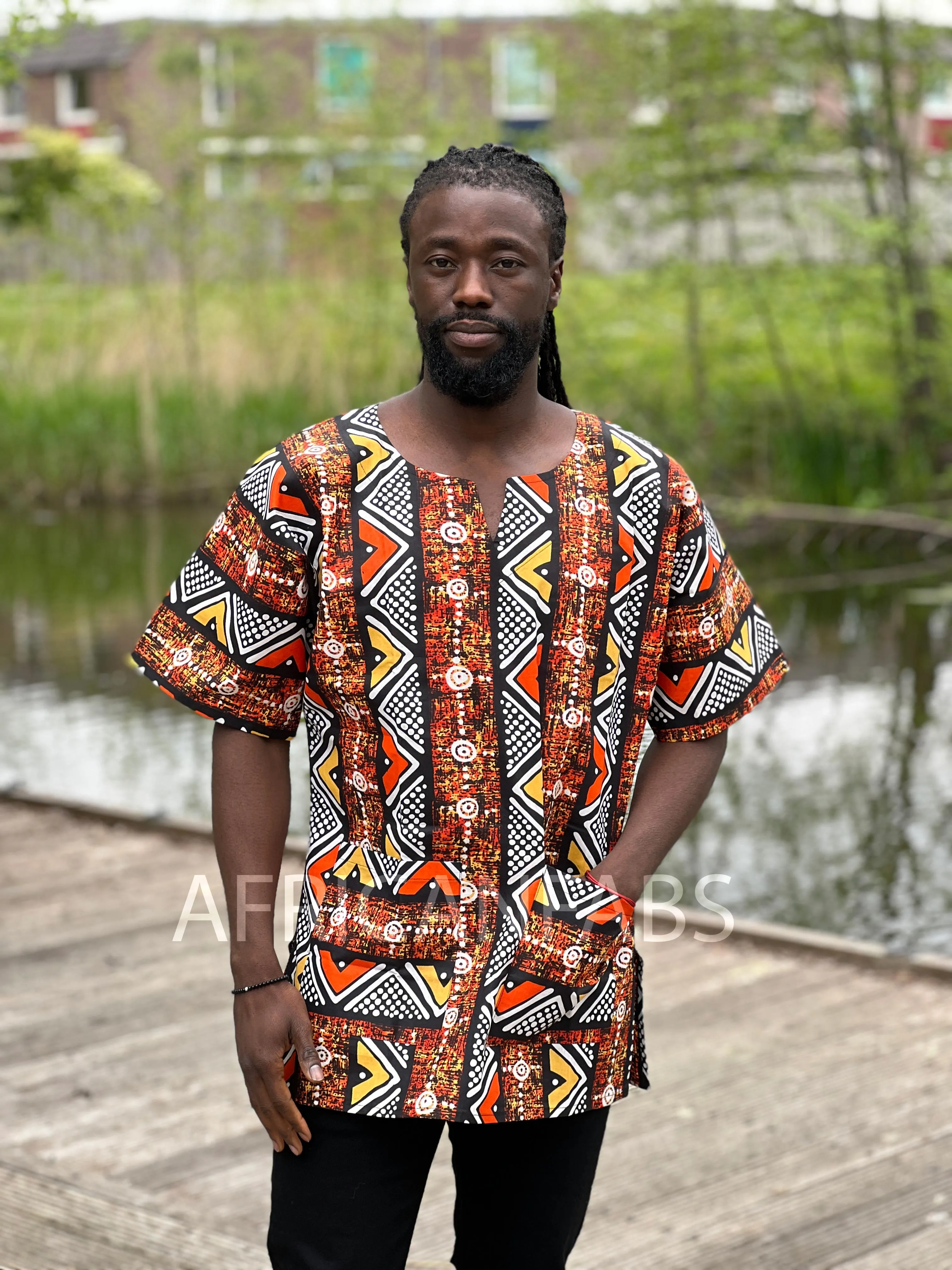 Brown / orange Bogolan Dashiki Shirt / Dashiki Dress - African print top - Unisex