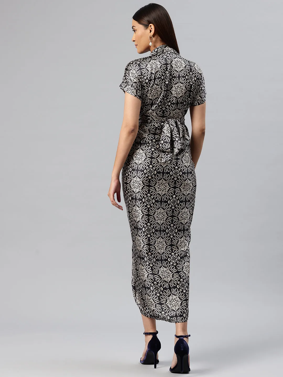 Cottinfab Ethnic Motifs Print Gathered-Detail Satin Shirt Midi Dress