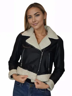 Cropped Leather Jacket with Faux Shearling