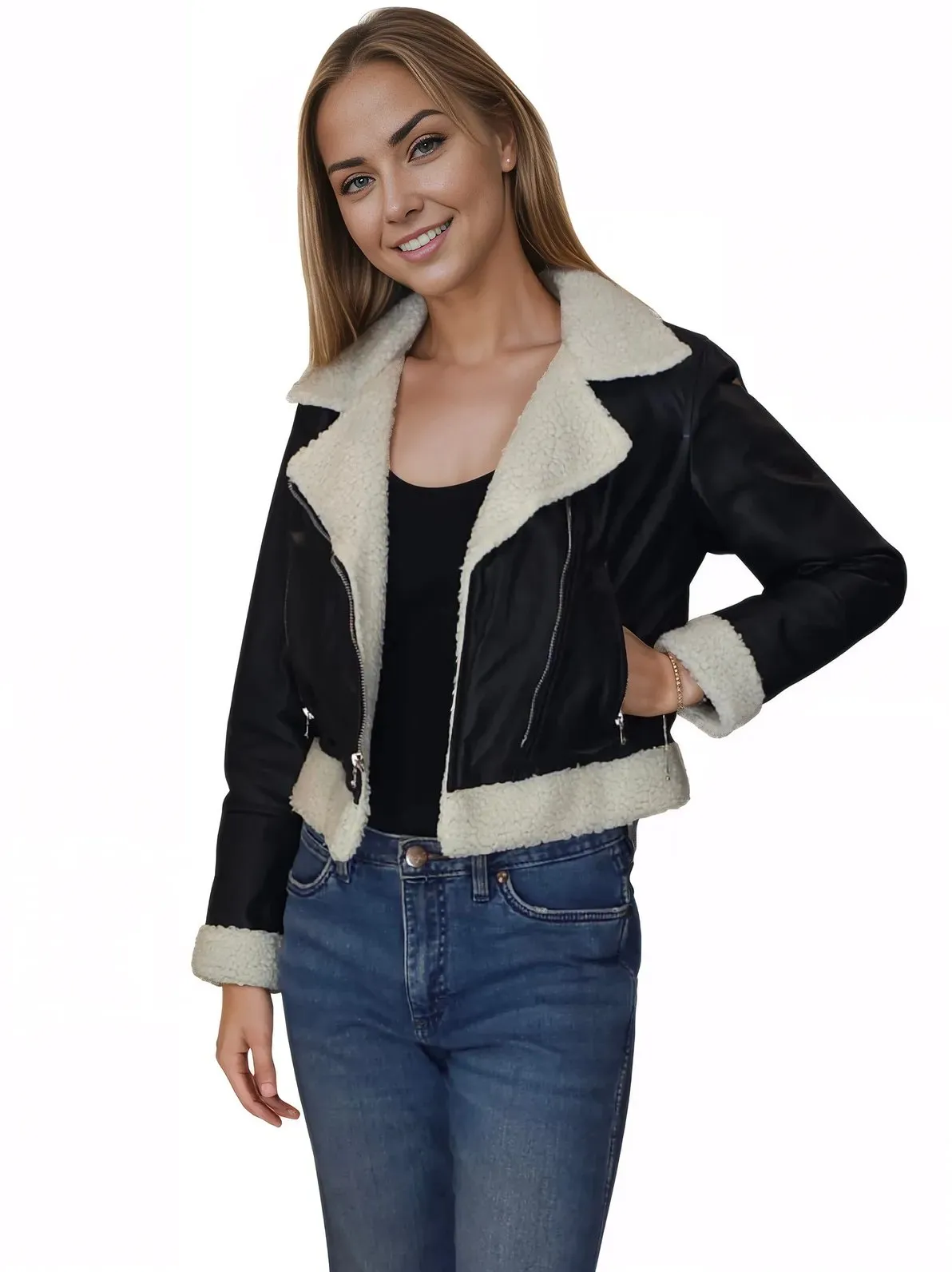 Cropped Leather Jacket with Faux Shearling
