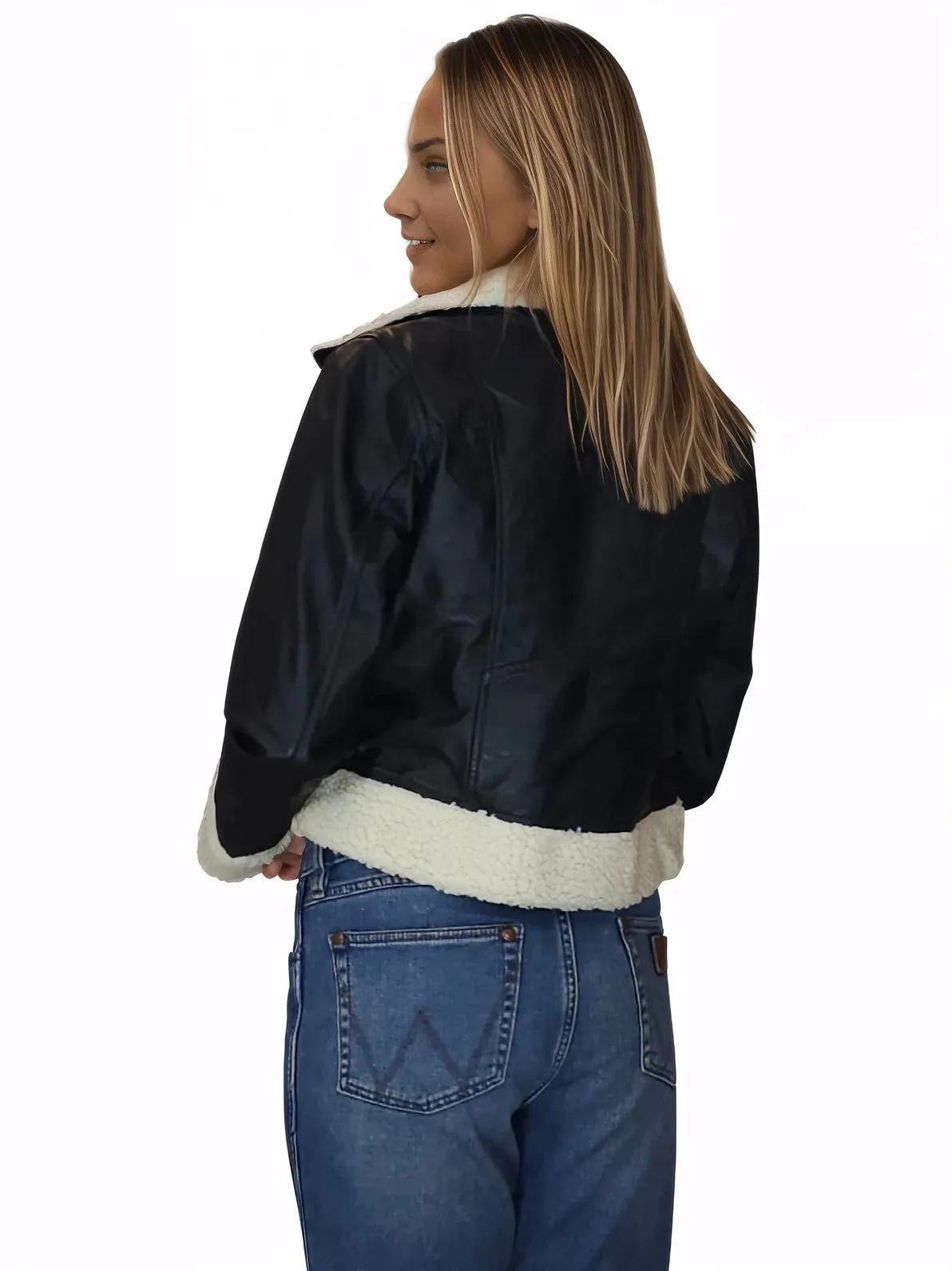 Cropped Leather Jacket with Faux Shearling