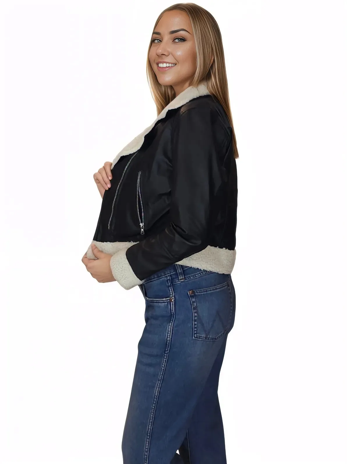 Cropped Leather Jacket with Faux Shearling