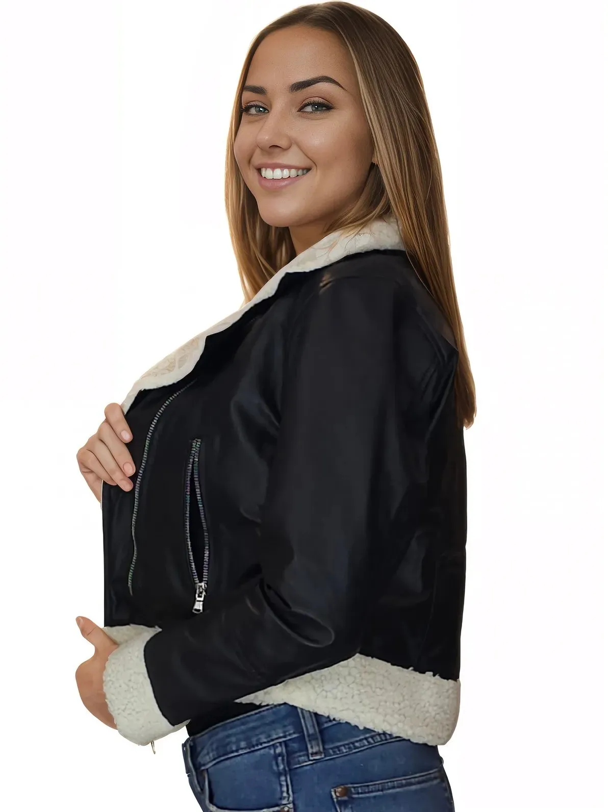 Cropped Leather Jacket with Faux Shearling