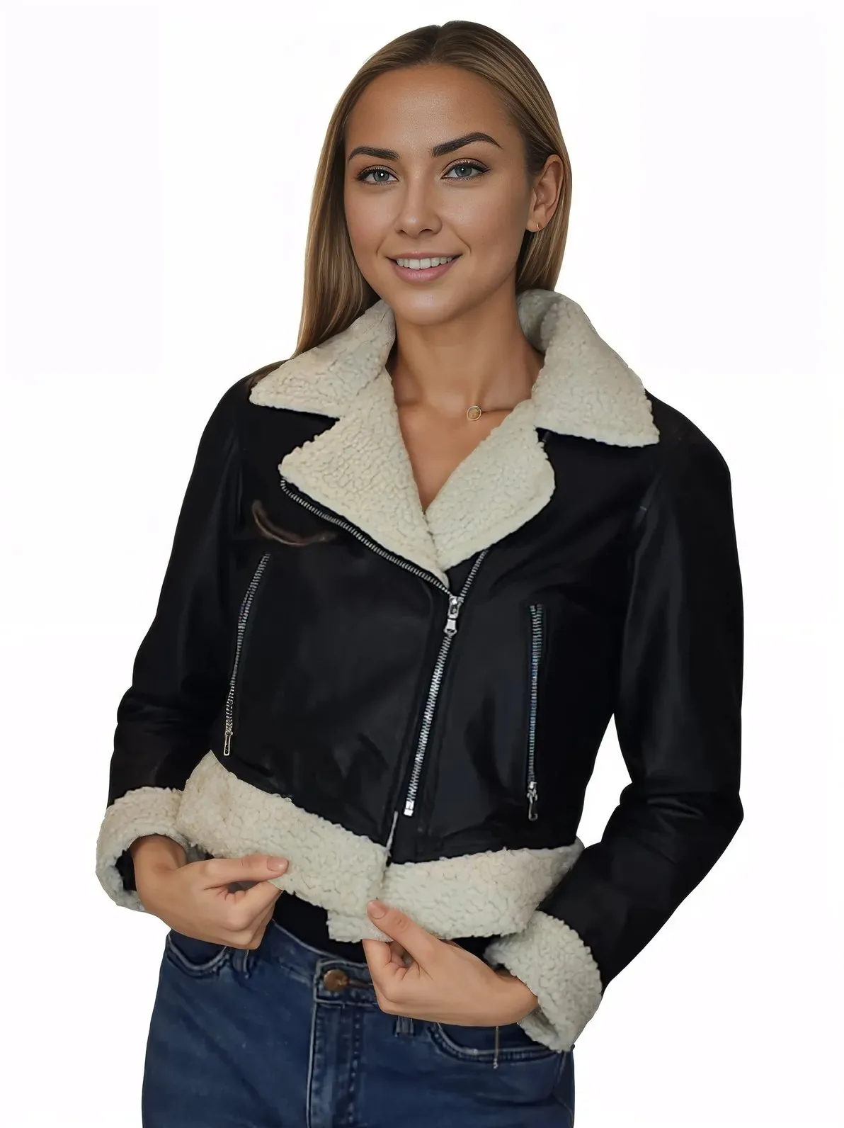 Cropped Leather Jacket with Faux Shearling