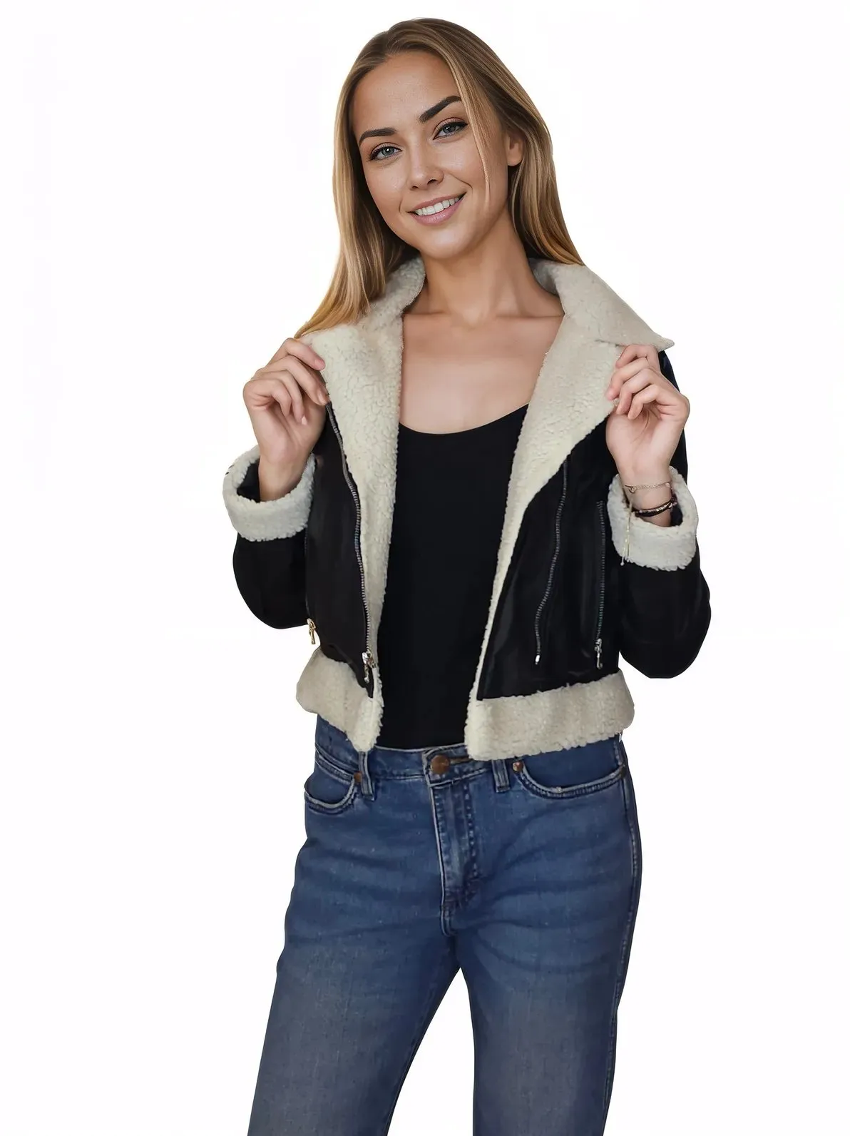 Cropped Leather Jacket with Faux Shearling