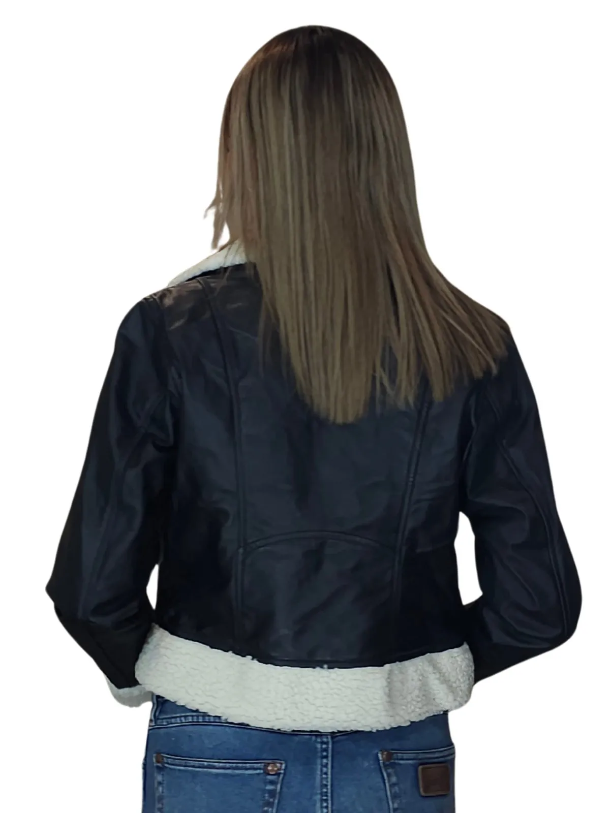 Cropped Leather Jacket with Faux Shearling