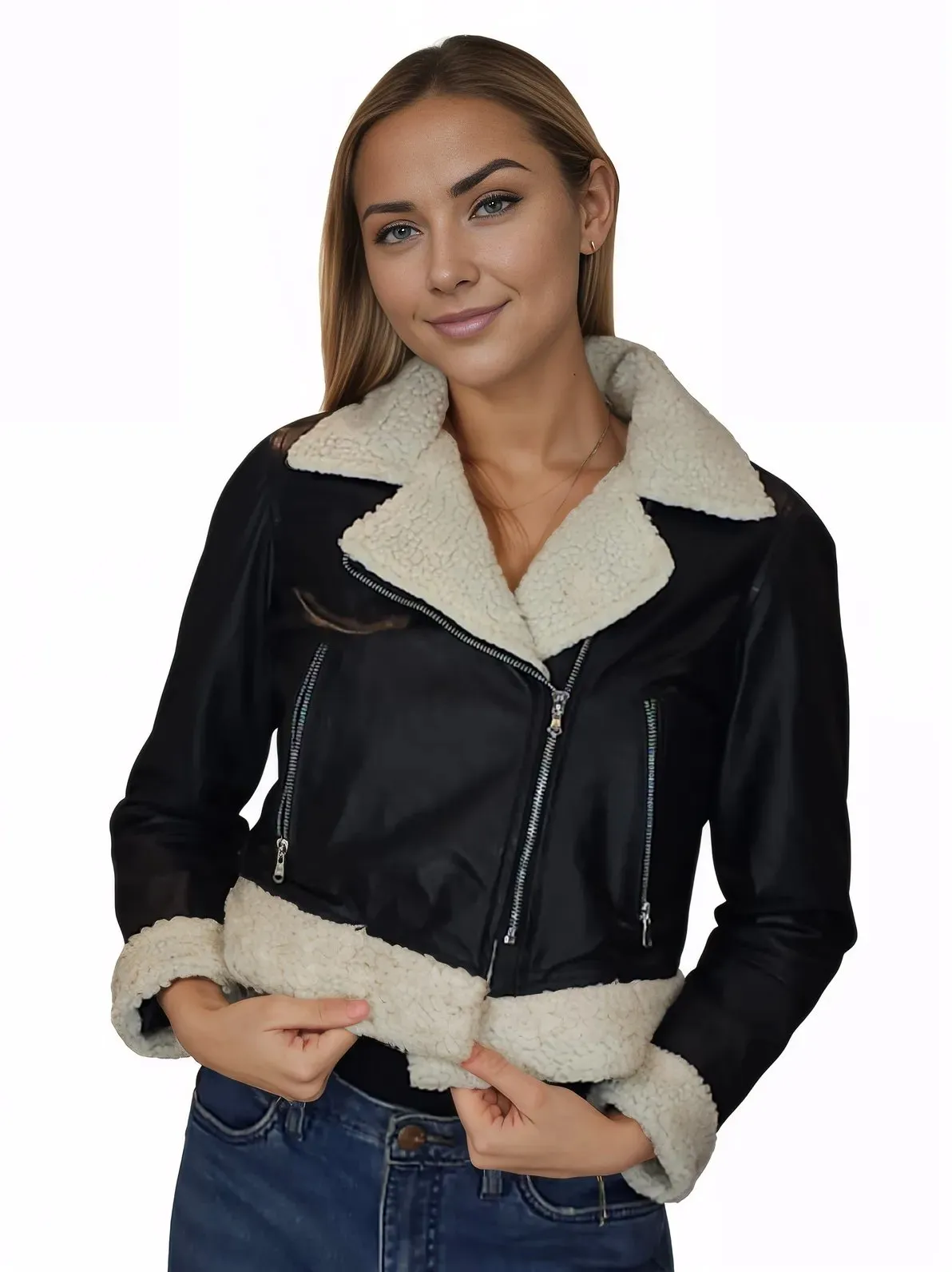 Cropped Leather Jacket with Faux Shearling