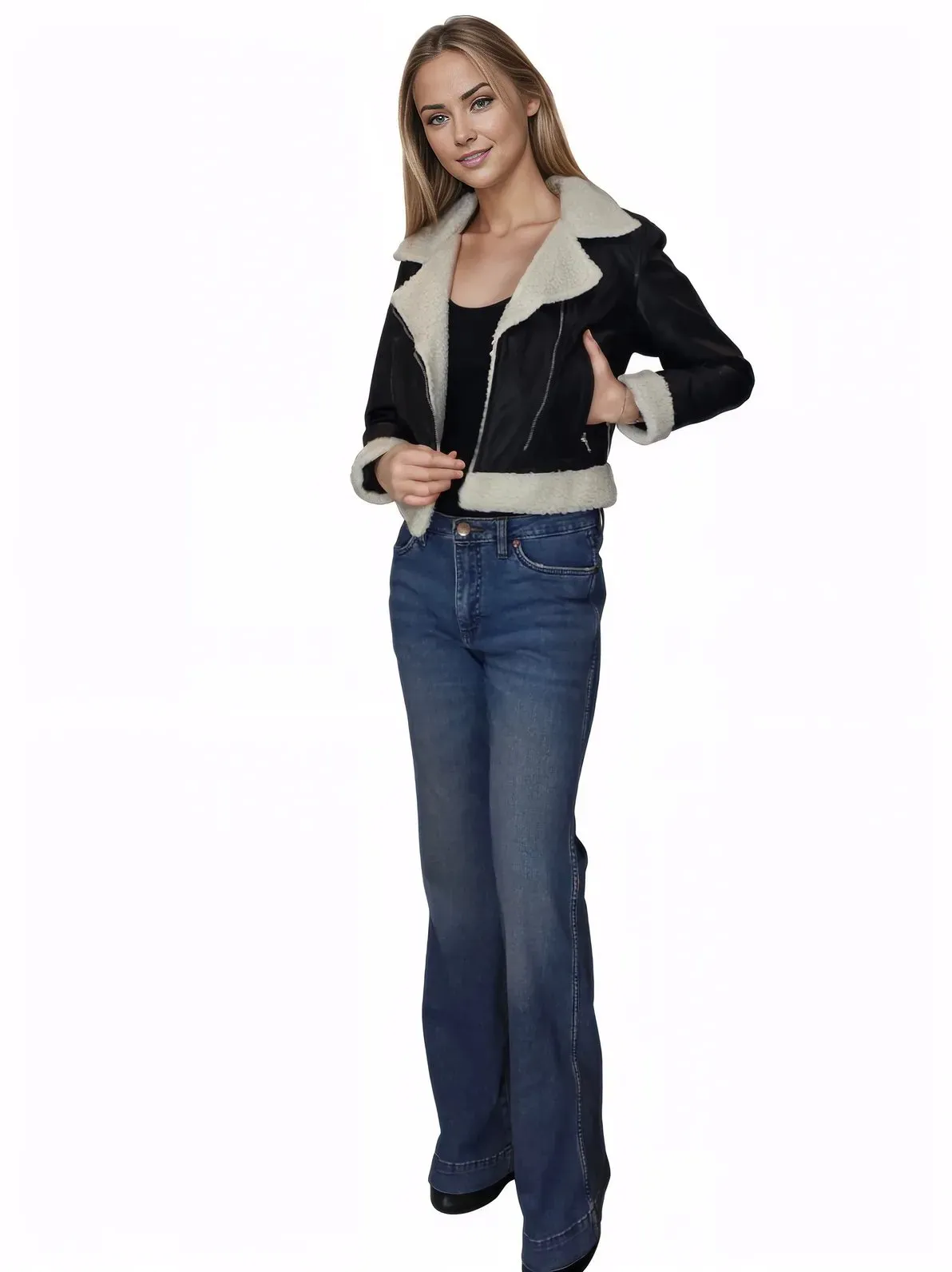 Cropped Leather Jacket with Faux Shearling