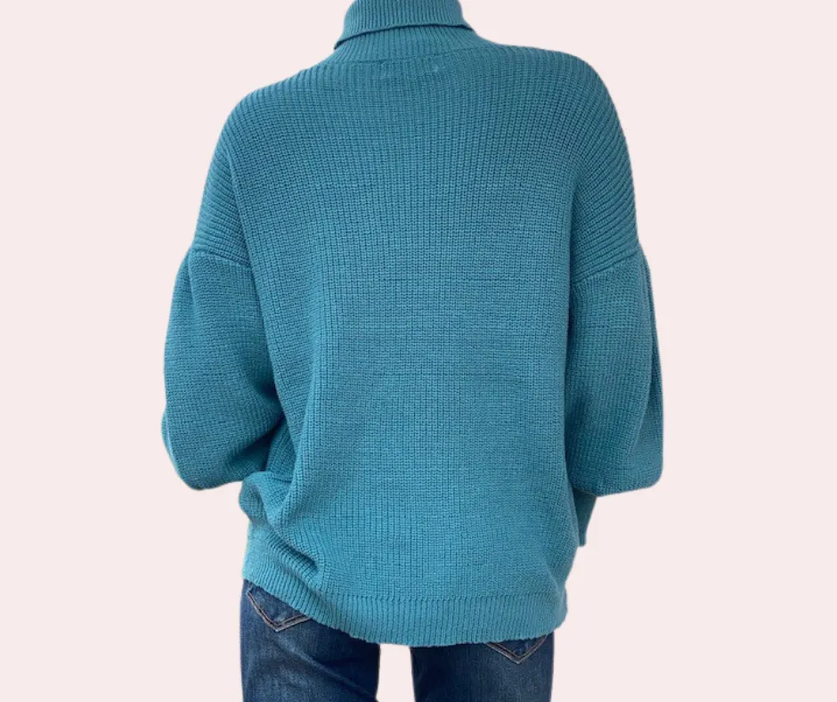 Dusty teal puff sleeve turtleneck sweater