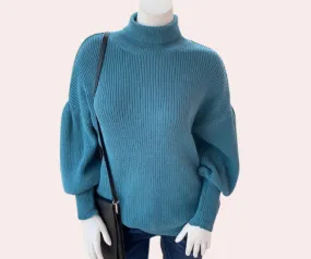 Dusty teal puff sleeve turtleneck sweater