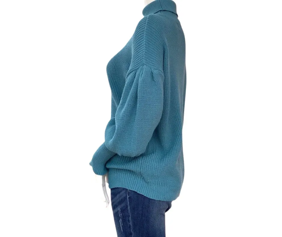 Dusty teal puff sleeve turtleneck sweater