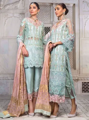 Elegant Pakistani designer embroidered net dress in blue color # P2343