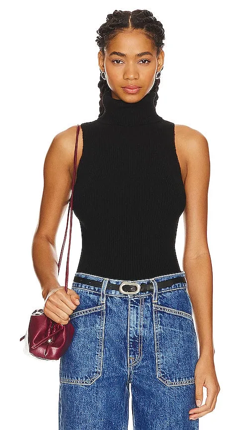 Enza Costa Rib Sleeveless Turtleneck Sweater in Black