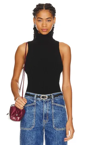 Enza Costa Rib Sleeveless Turtleneck Sweater in Black