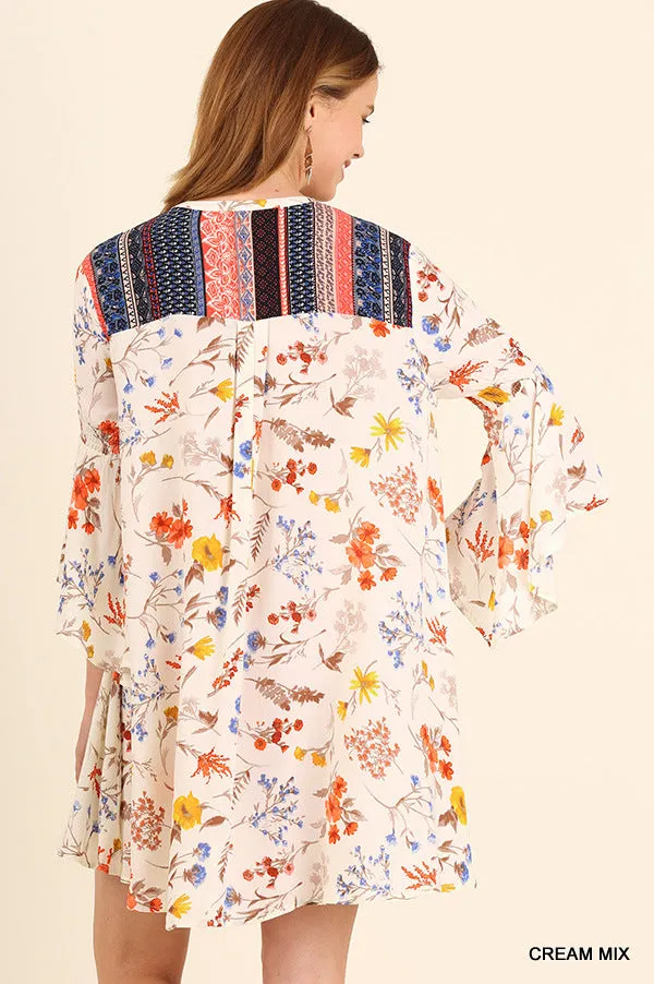 Floral Bell Sleeve Dress, Cream Mix