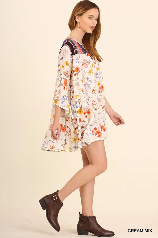 Floral Bell Sleeve Dress, Cream Mix