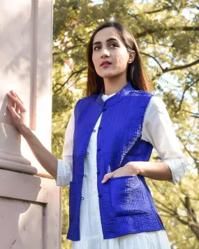 FLORAL BLUE SILK & COTTON QUILTED JACKET