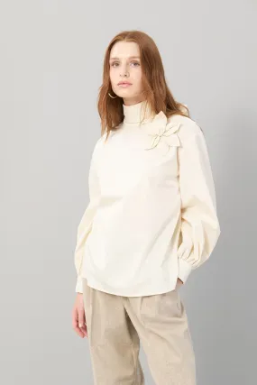 Flower Figured Poplin Blouse Beige