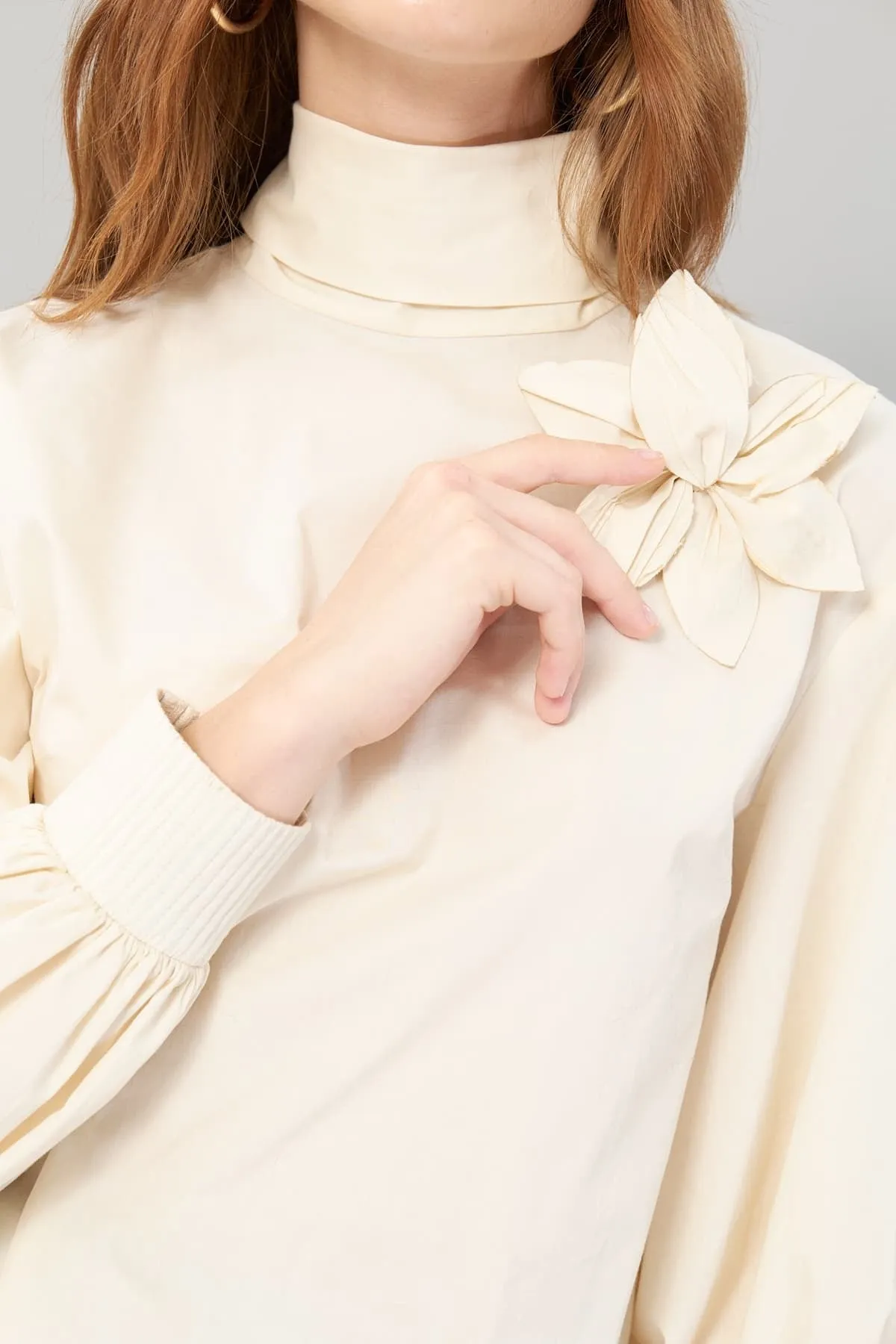 Flower Figured Poplin Blouse Beige