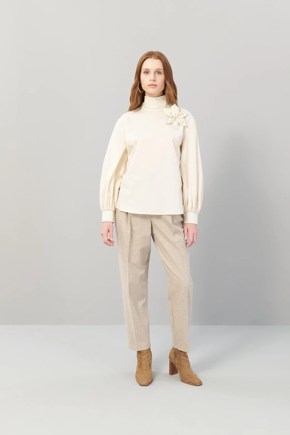Flower Figured Poplin Blouse Beige