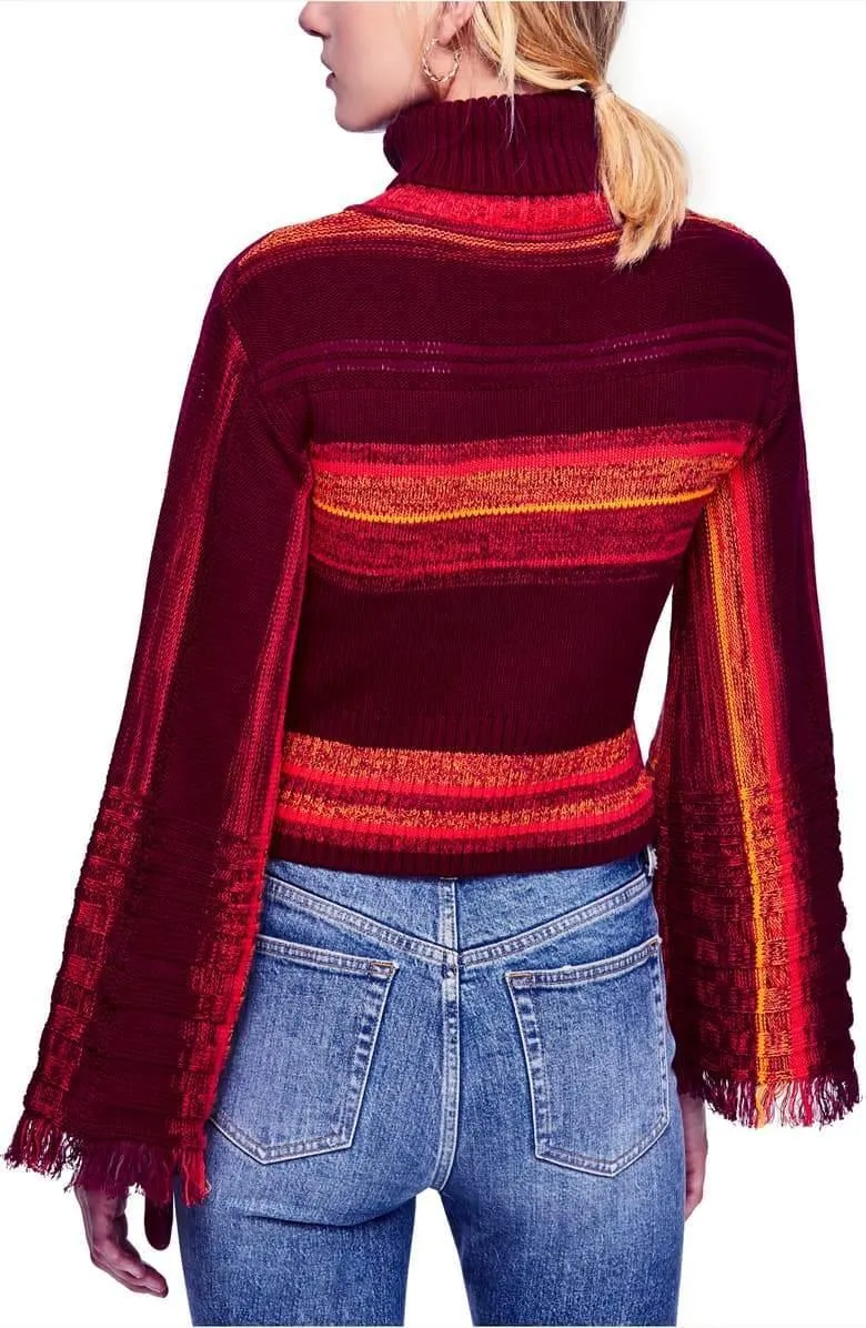 Free People Striped Flared-Sleeve Turtlene Red Berry XS