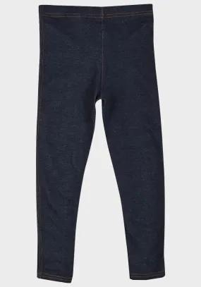 Girls Blue Denim Effect Contrast Stitch Full Length Leggings