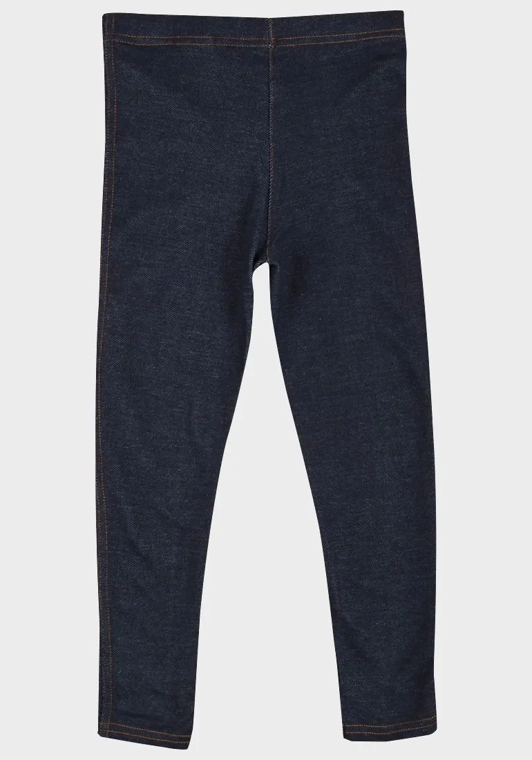 Girls Blue Denim Effect Contrast Stitch Full Length Leggings