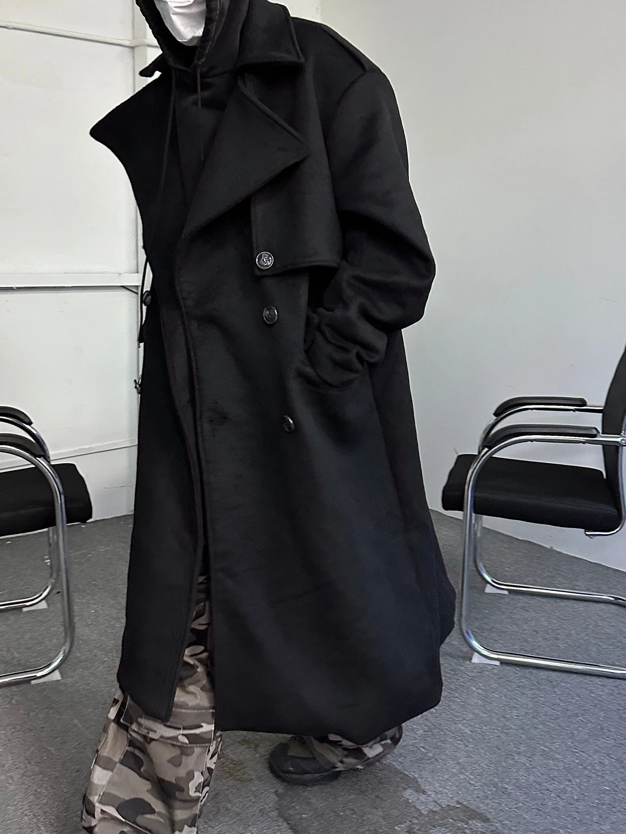 Heavyweight Wool Profile Oversized Notched Lapel Padded Shoulder Back Slit Long Thickened Woolen Coat