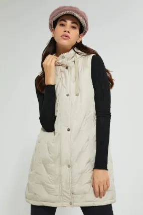 Ivory Sleeveless Quilted Jacket With Hoodie