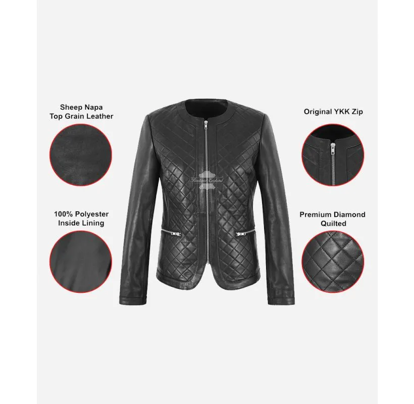JANINE Collarless Jacket Women Casual Diamond Quilted Leather Jacket