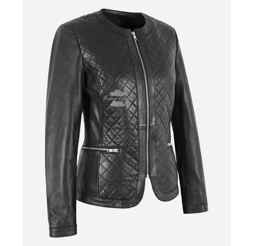 JANINE Collarless Jacket Women Casual Diamond Quilted Leather Jacket