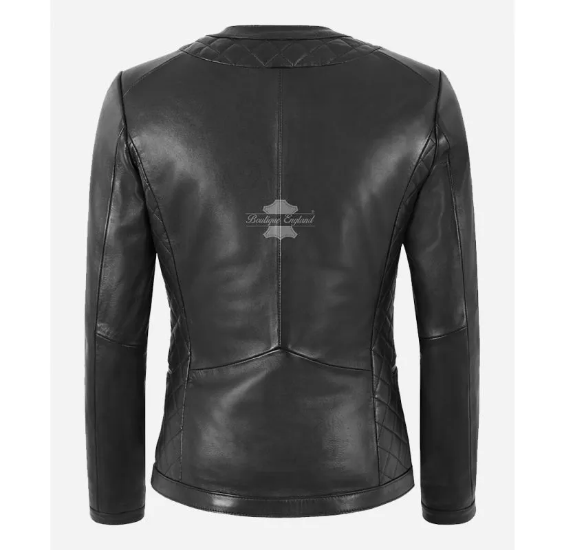 JANINE Collarless Jacket Women Casual Diamond Quilted Leather Jacket