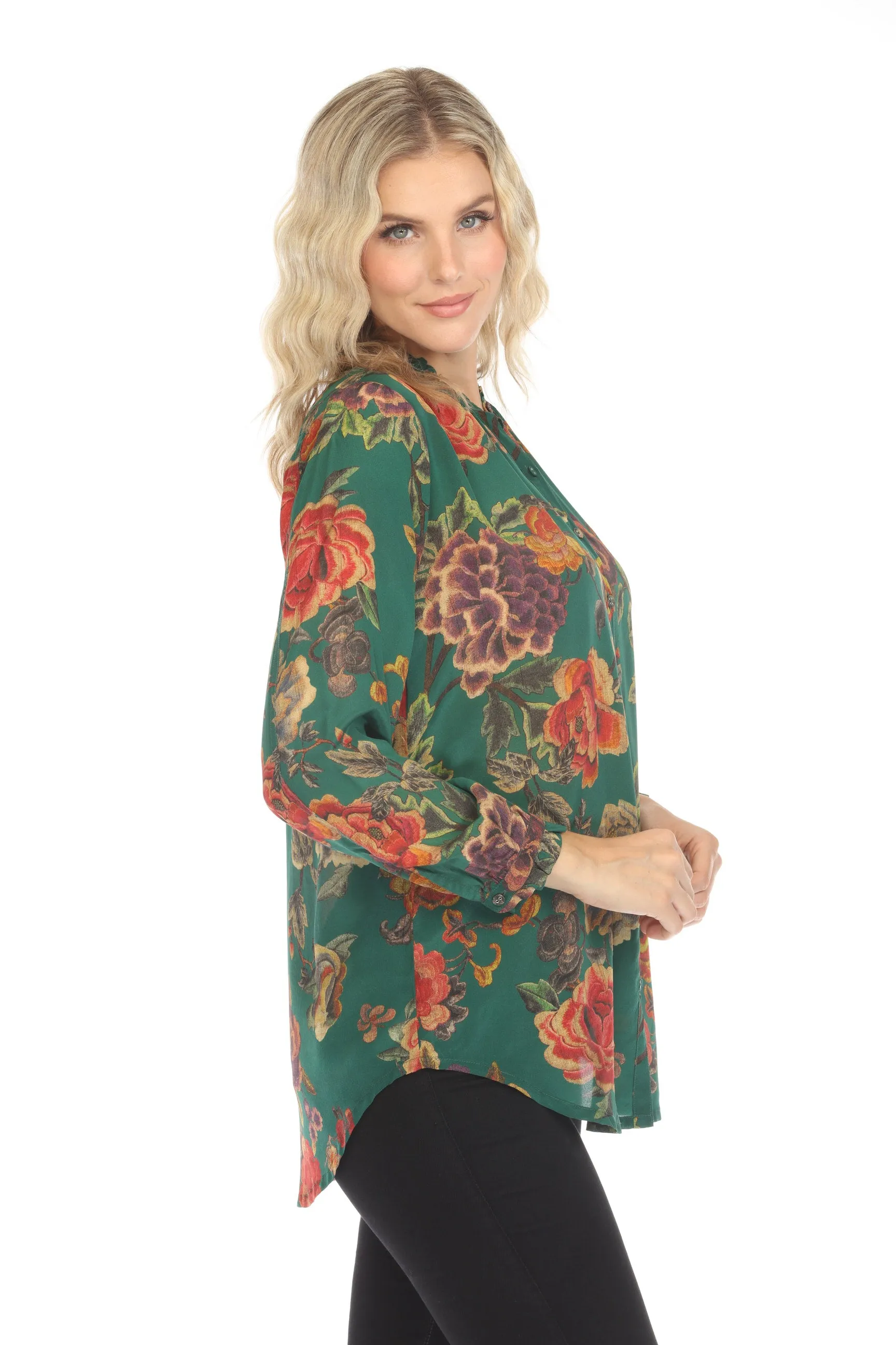 Johnny Was Green Yoella Zinnia Meadow Silk Tunic Top C23324BO