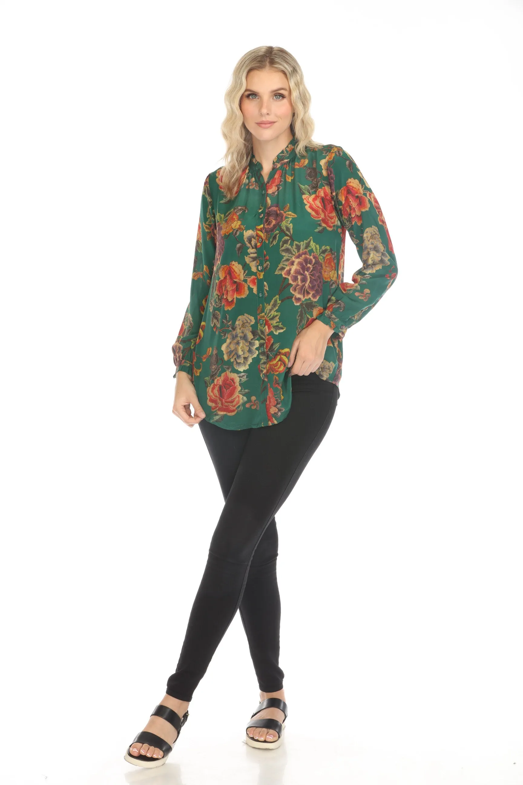 Johnny Was Green Yoella Zinnia Meadow Silk Tunic Top C23324BO