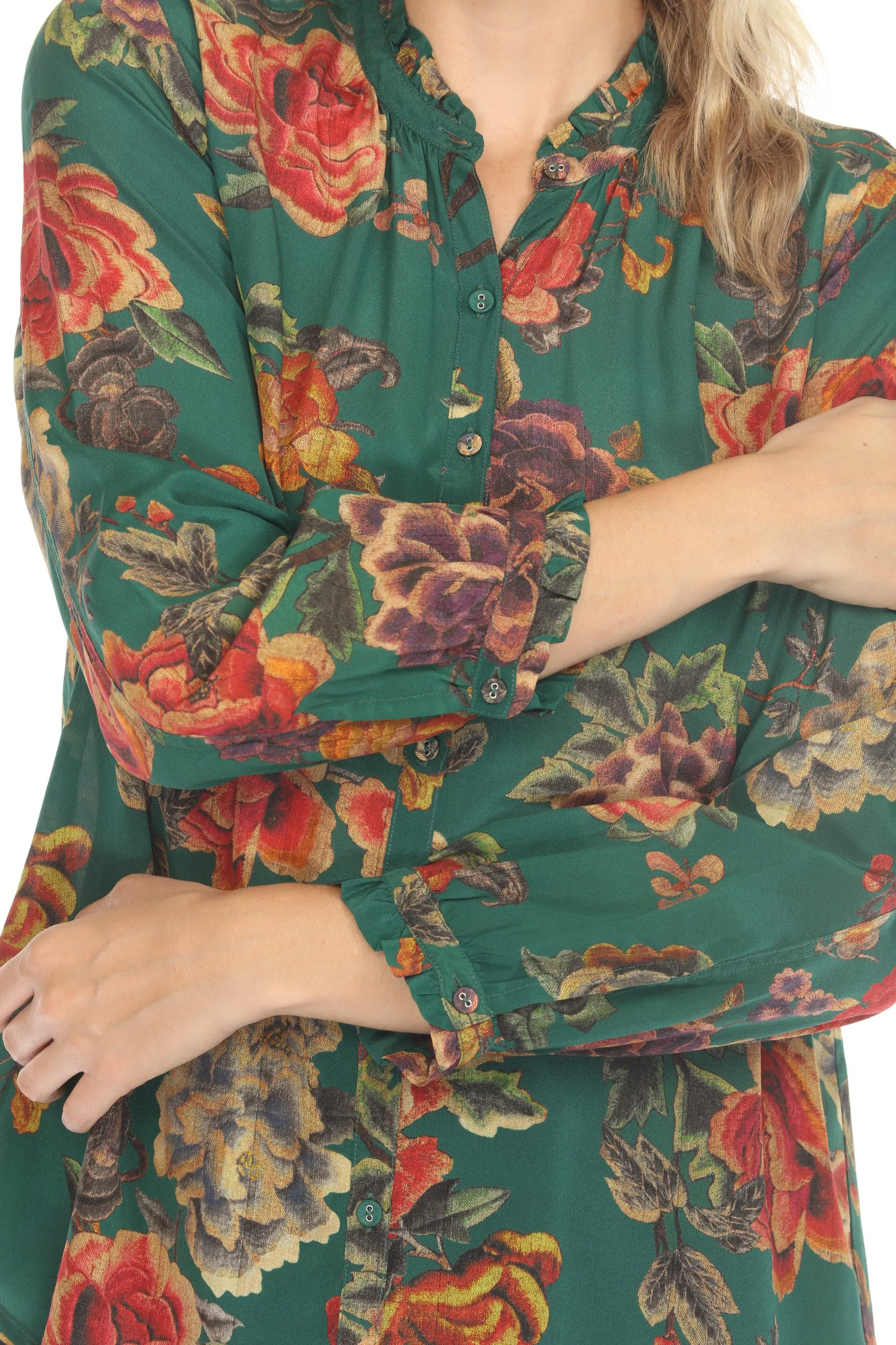 Johnny Was Green Yoella Zinnia Meadow Silk Tunic Top C23324BO