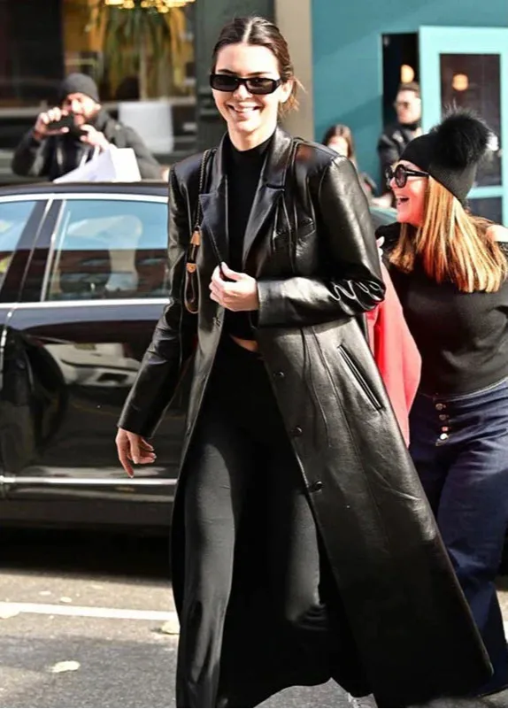 KENDALL JENNER Black Leather Long Coat Trench