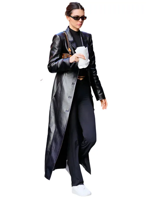 KENDALL JENNER Black Leather Long Coat Trench