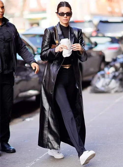 KENDALL JENNER Black Leather Long Coat Trench