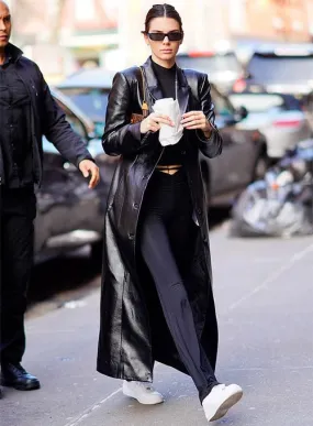 KENDALL JENNER Black Leather Long Coat Trench