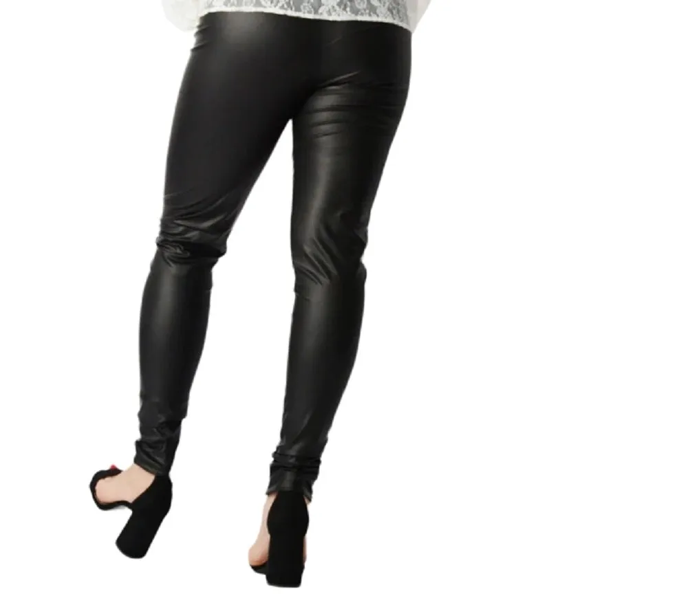 Ladies Black Tall Mid Waist Matte Faux Leather Stretchy Leggings