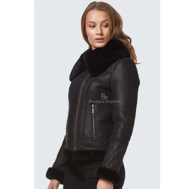 Ladies Fitted Sheepskin Jacket Black Classic B3 Sharling Fur Collared Jacket