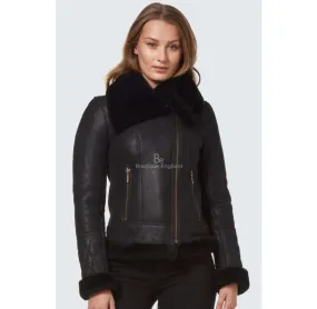 Ladies Fitted Sheepskin Jacket Black Classic B3 Sharling Fur Collared Jacket