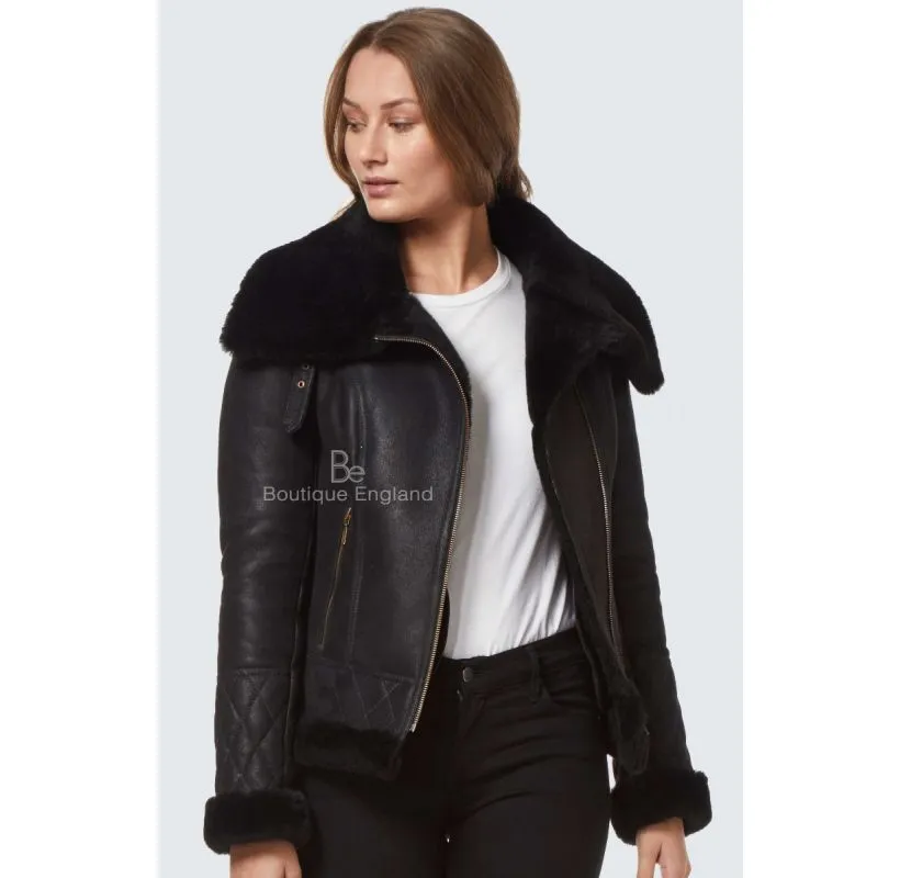 Ladies Fitted Sheepskin Jacket Black Classic B3 Sharling Fur Collared Jacket